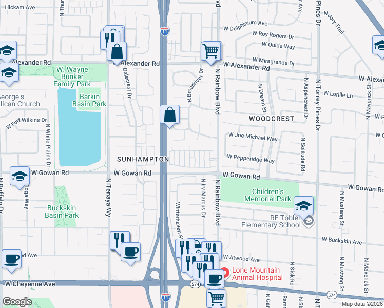 map of restaurants, bars, coffee shops, grocery stores, and more near 3609 Pintadas Street in Las Vegas