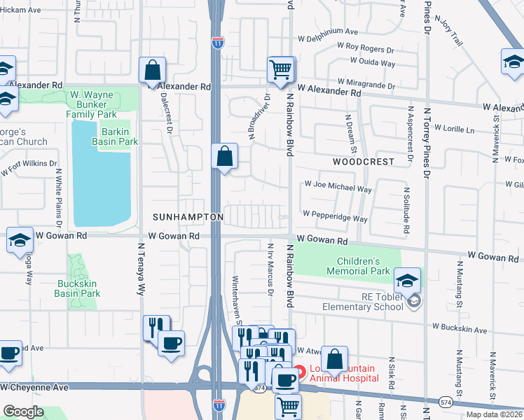 map of restaurants, bars, coffee shops, grocery stores, and more near 3608 Pintadas Street in Las Vegas