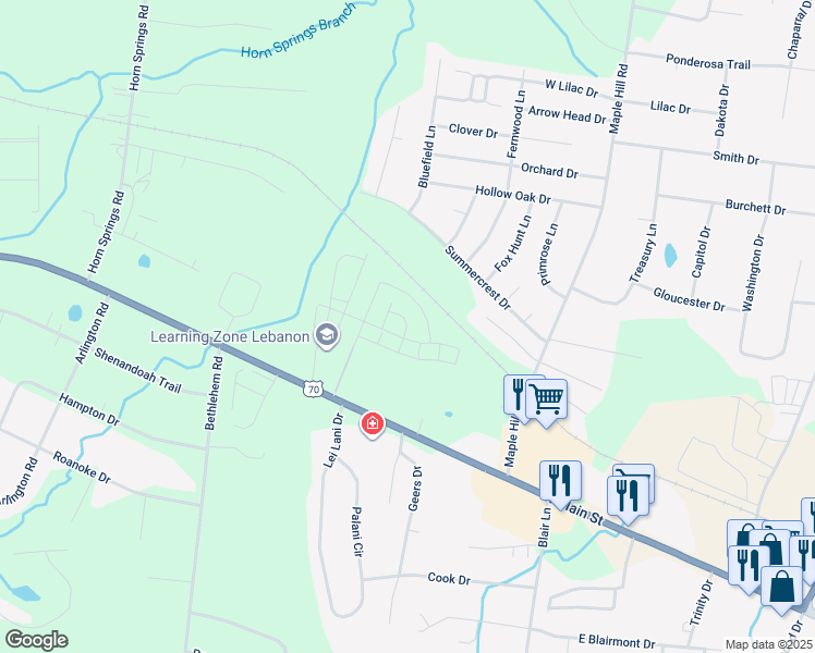 map of restaurants, bars, coffee shops, grocery stores, and more near 208 East Main Street in Lebanon