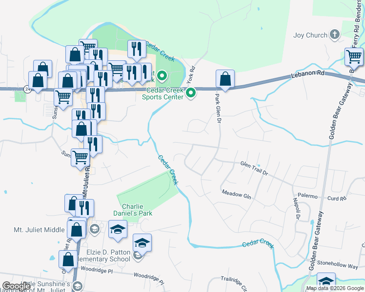 map of restaurants, bars, coffee shops, grocery stores, and more near 523 Creek Point in Mt. Juliet