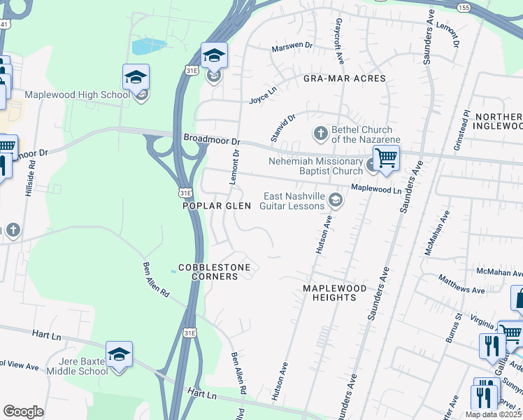 map of restaurants, bars, coffee shops, grocery stores, and more near 488 Lemont Drive in Nashville