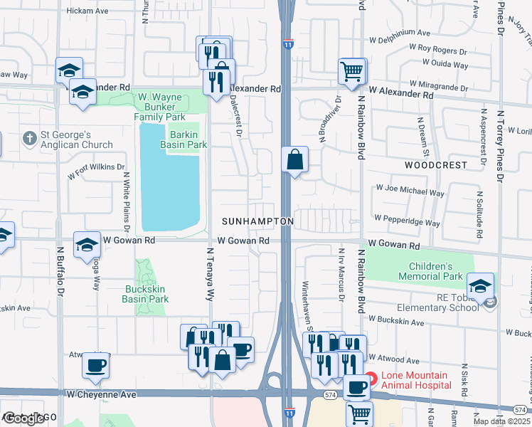 map of restaurants, bars, coffee shops, grocery stores, and more near 3672 Angela Robin Street in Las Vegas