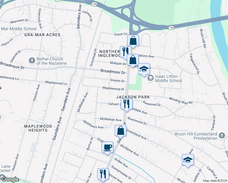 map of restaurants, bars, coffee shops, grocery stores, and more near 1018 Maplewood Place in Nashville