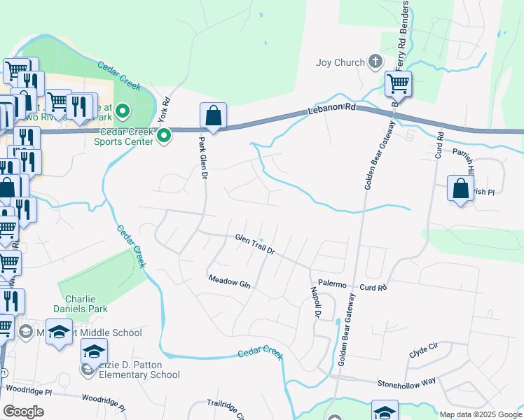 map of restaurants, bars, coffee shops, grocery stores, and more near 1430 Saddle Crest in Mt Juliet
