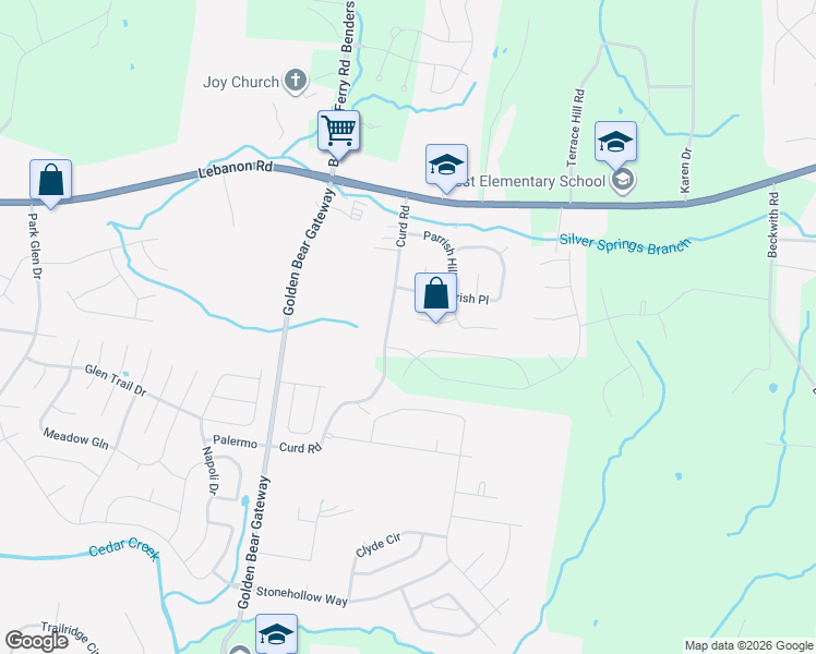 map of restaurants, bars, coffee shops, grocery stores, and more near 2978 Curd Road in Mt. Juliet
