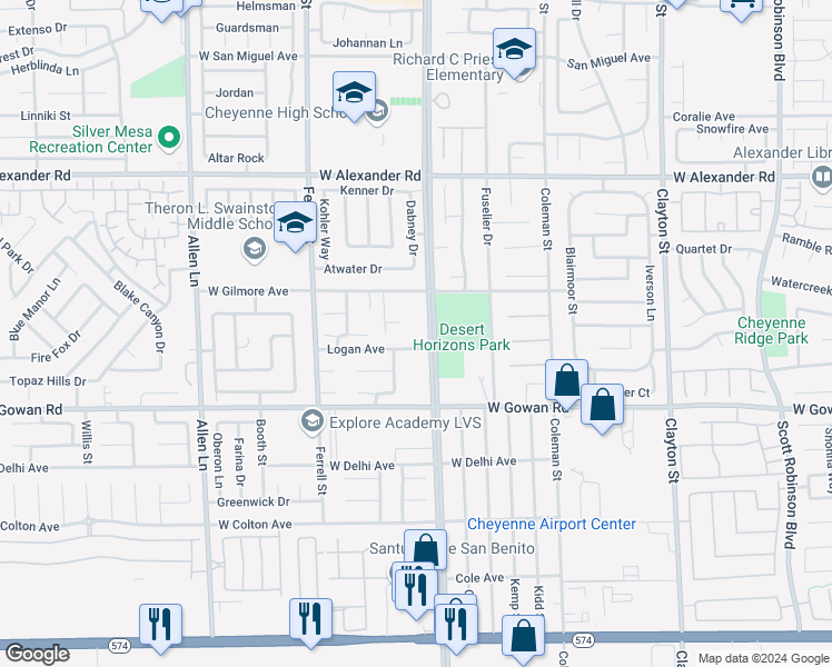 map of restaurants, bars, coffee shops, grocery stores, and more near 3609 Simmons Street in North Las Vegas