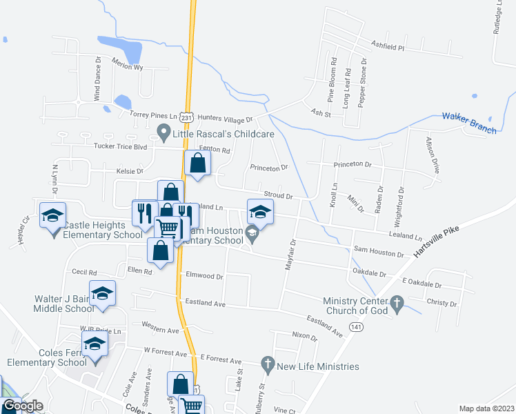 map of restaurants, bars, coffee shops, grocery stores, and more near 211 Lealand Lane in Lebanon