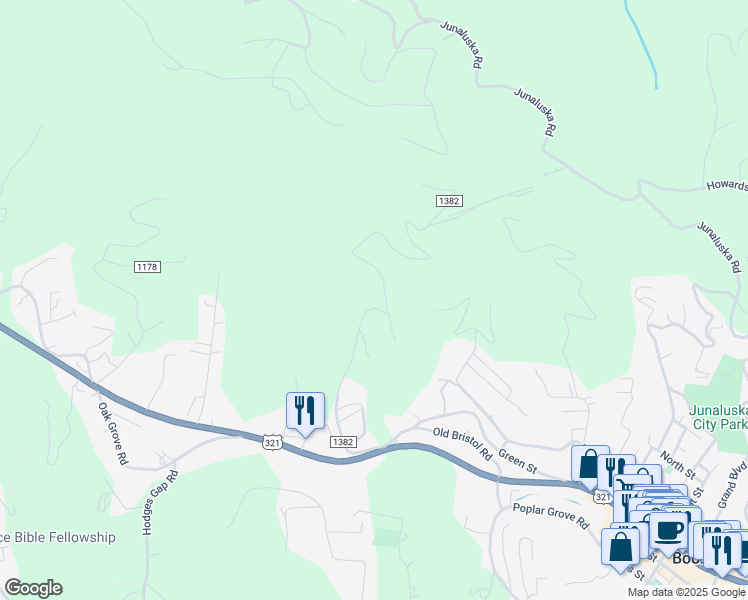 map of restaurants, bars, coffee shops, grocery stores, and more near 535 Pinnacle Drive in Boone