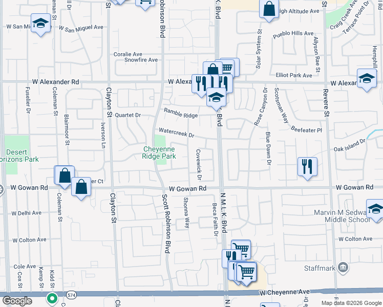 map of restaurants, bars, coffee shops, grocery stores, and more near 3704 Quail Creek Drive in North Las Vegas
