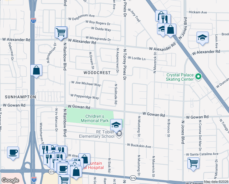 map of restaurants, bars, coffee shops, grocery stores, and more near 6424 West Pleasant Grove Court in Las Vegas