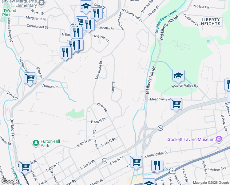 map of restaurants, bars, coffee shops, grocery stores, and more near 303 Blackburn Drive in Morristown