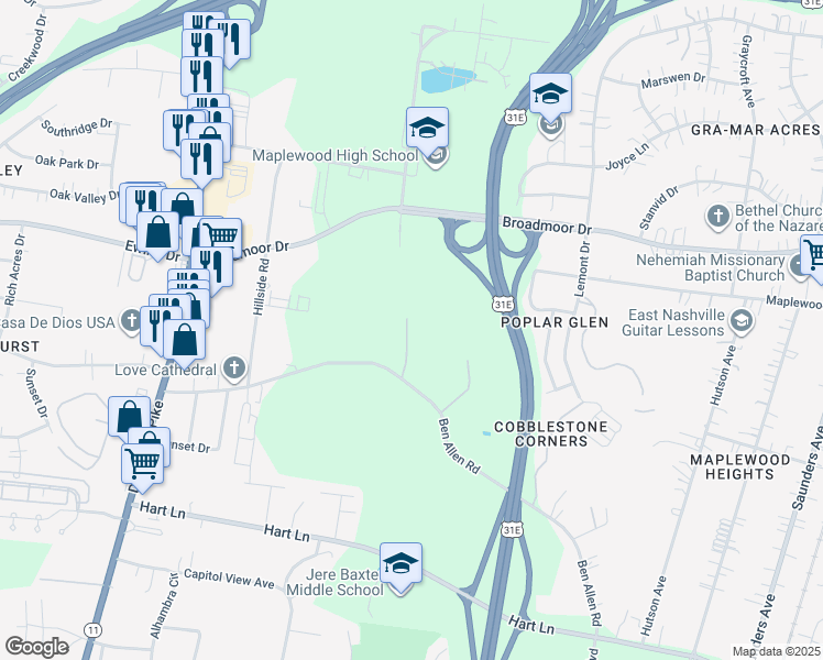 map of restaurants, bars, coffee shops, grocery stores, and more near 301 Ben Allen Road in Nashville