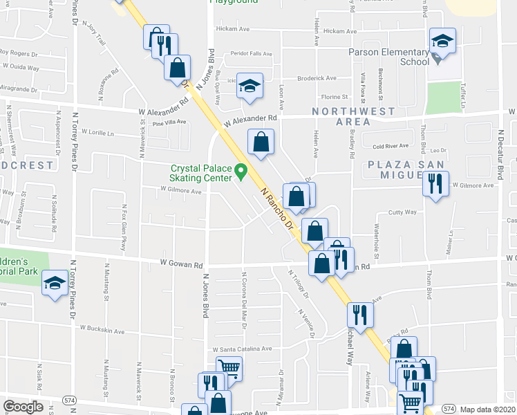 map of restaurants, bars, coffee shops, grocery stores, and more near 3651 North Rancho Drive in Las Vegas
