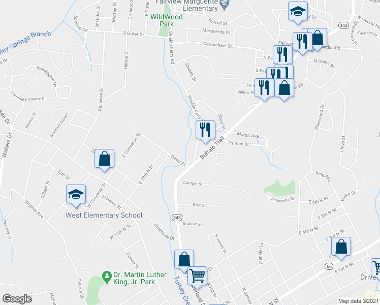 map of restaurants, bars, coffee shops, grocery stores, and more near 1158 Buffalo Trail in Morristown