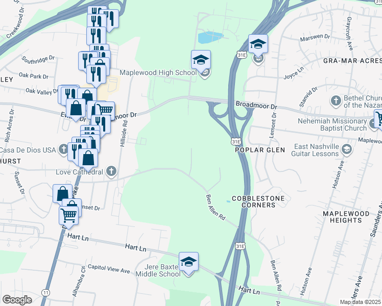 map of restaurants, bars, coffee shops, grocery stores, and more near 301 Ben Allen Road in Nashville