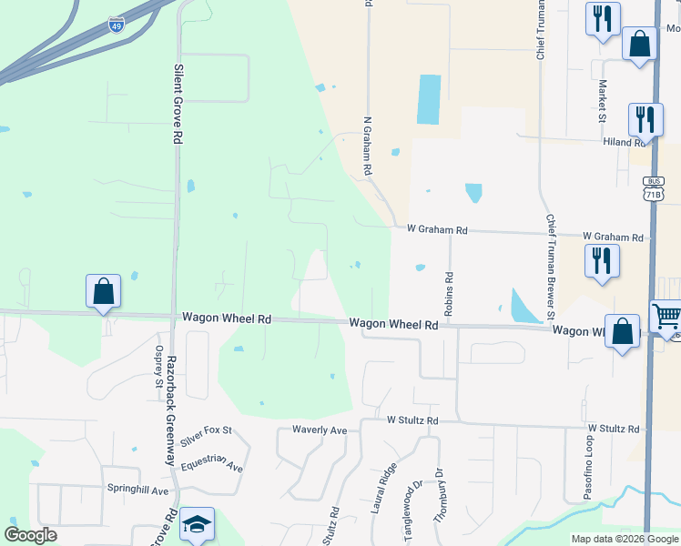 map of restaurants, bars, coffee shops, grocery stores, and more near 4654 Carriage Lane in Springdale