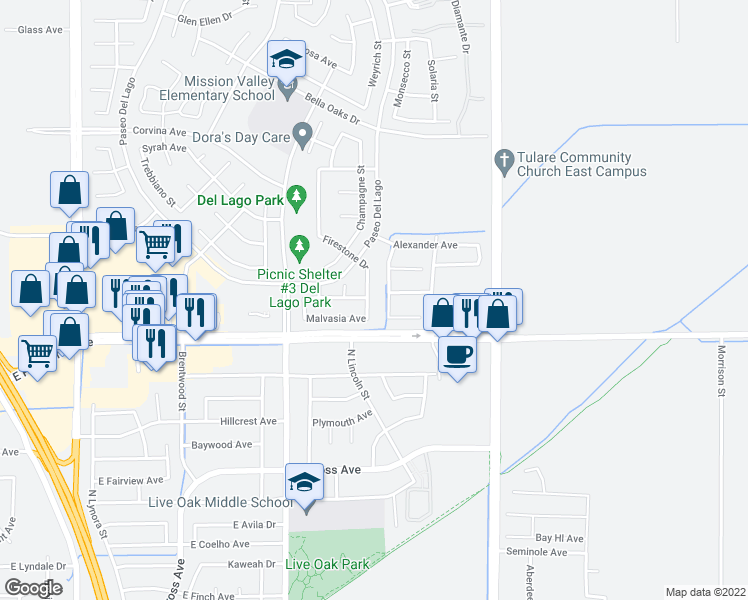 map of restaurants, bars, coffee shops, grocery stores, and more near 1486 Firestone Drive in Tulare