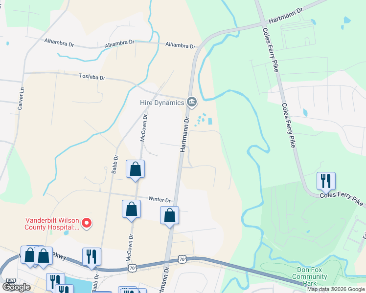 map of restaurants, bars, coffee shops, grocery stores, and more near Hartmann Drive in Lebanon