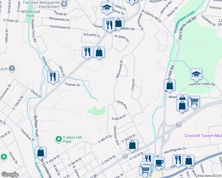 map of restaurants, bars, coffee shops, grocery stores, and more near 1103 Sherwood Drive in Morristown