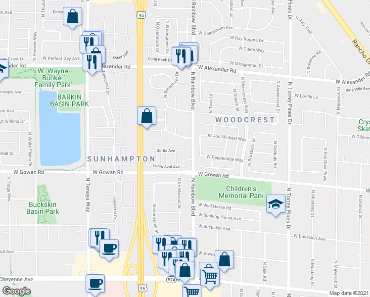 map of restaurants, bars, coffee shops, grocery stores, and more near 3713 North Colfax Circle in Las Vegas
