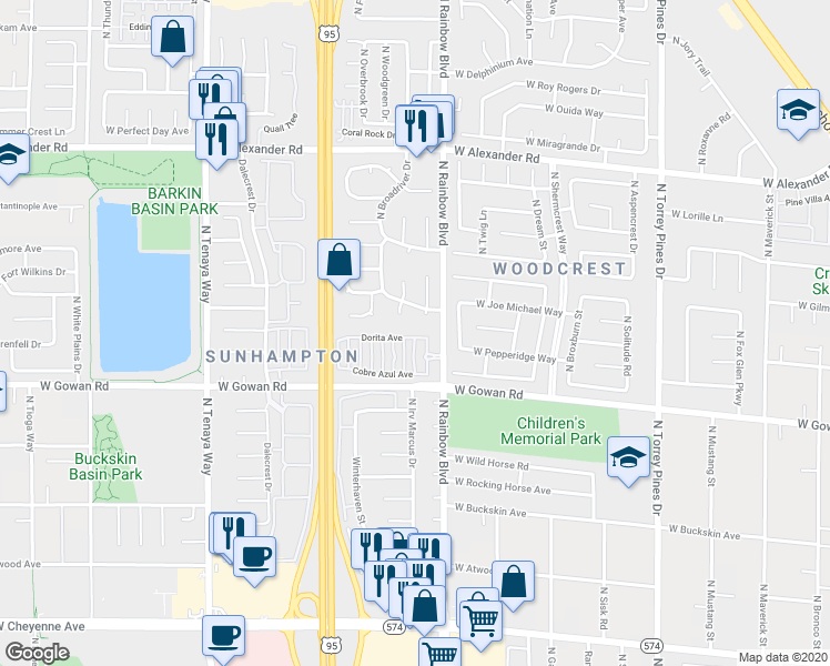 map of restaurants, bars, coffee shops, grocery stores, and more near 3713 North Colfax Circle in Las Vegas