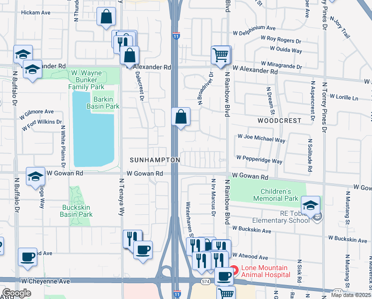 map of restaurants, bars, coffee shops, grocery stores, and more near 6940 West Welsh Circle in Las Vegas
