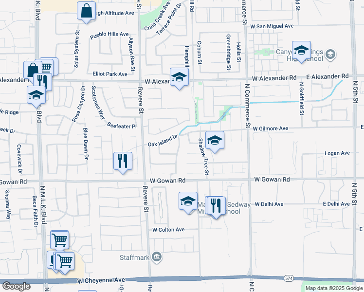 map of restaurants, bars, coffee shops, grocery stores, and more near 3720 Penny Cross Drive in North Las Vegas