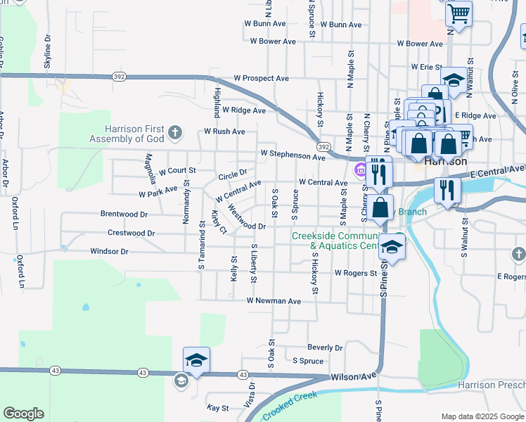 map of restaurants, bars, coffee shops, grocery stores, and more near 921 West Nicholson Avenue in Harrison