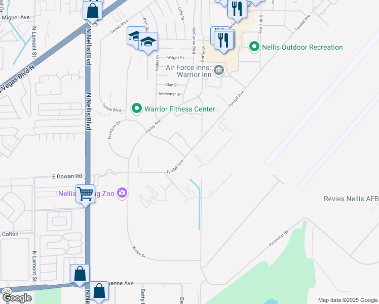 map of restaurants, bars, coffee shops, grocery stores, and more near 5505 Tyndall Avenue in Nellis Air Force Base