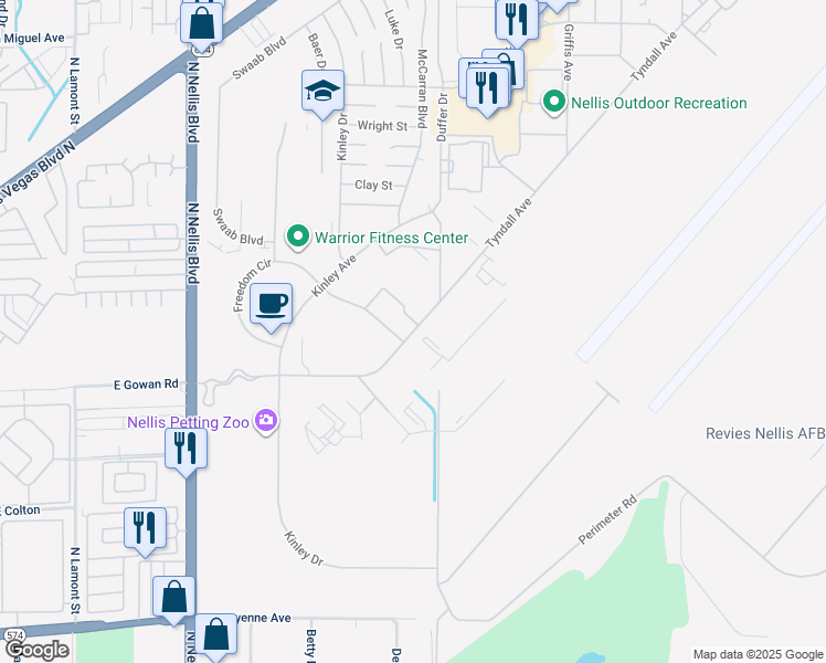 map of restaurants, bars, coffee shops, grocery stores, and more near 5505 Tyndall Avenue in Nellis Air Force Base