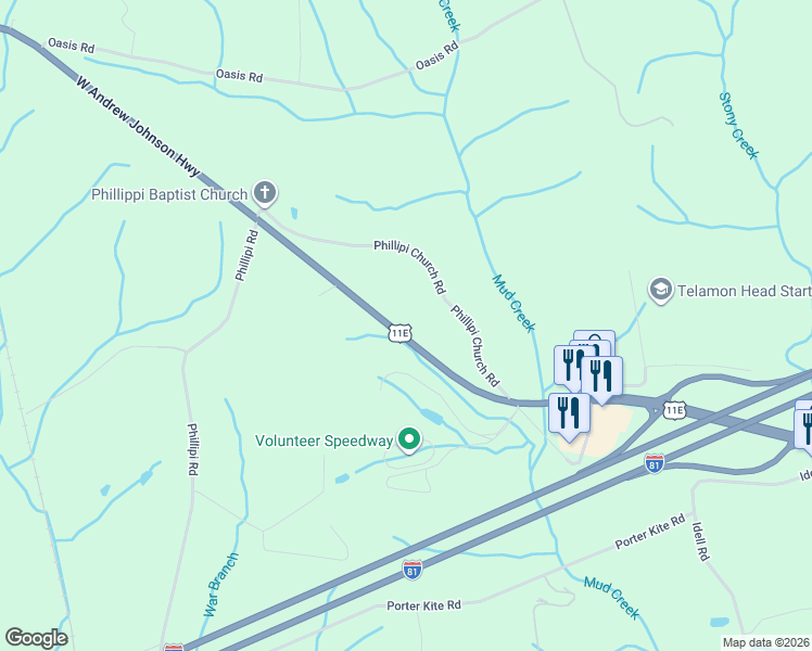 map of restaurants, bars, coffee shops, grocery stores, and more near 14360-14480 West Andrew Johnson Highway in Bulls Gap