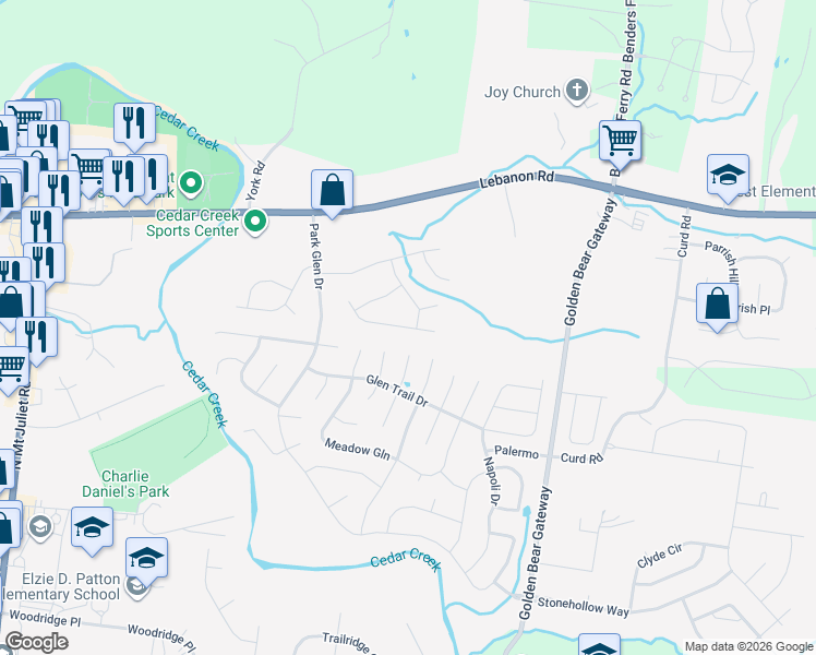 map of restaurants, bars, coffee shops, grocery stores, and more near 1430 Saddle Crest in Mount Juliet