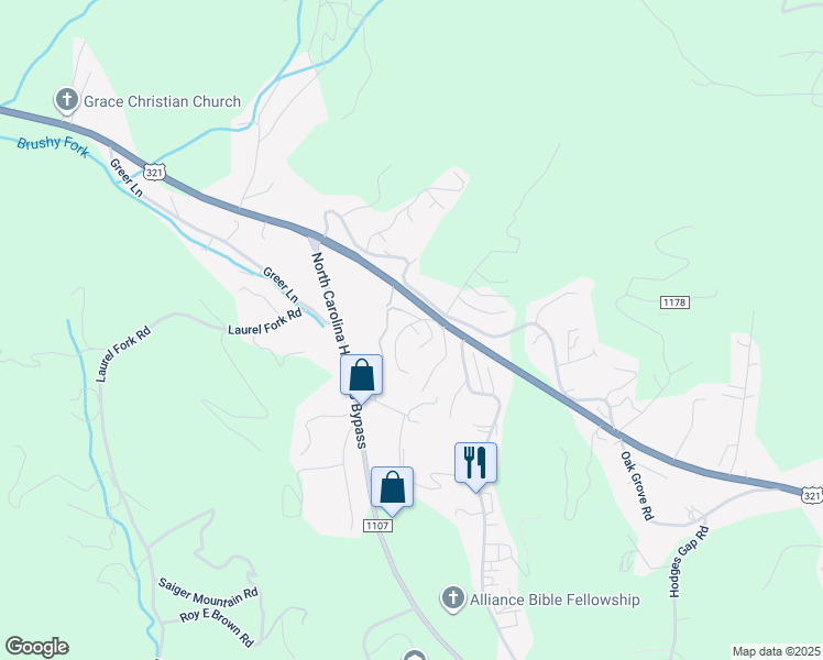 map of restaurants, bars, coffee shops, grocery stores, and more near 125 Grandfather Vista in Boone