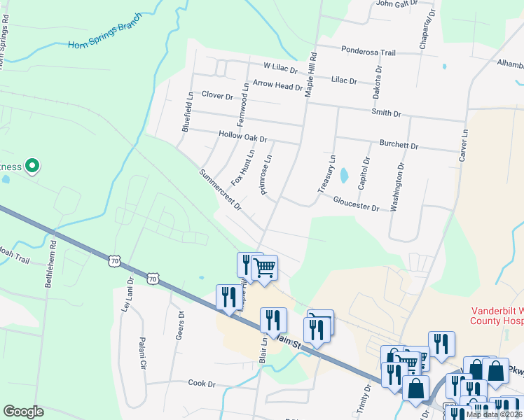 map of restaurants, bars, coffee shops, grocery stores, and more near 202 Harvest Court in Lebanon