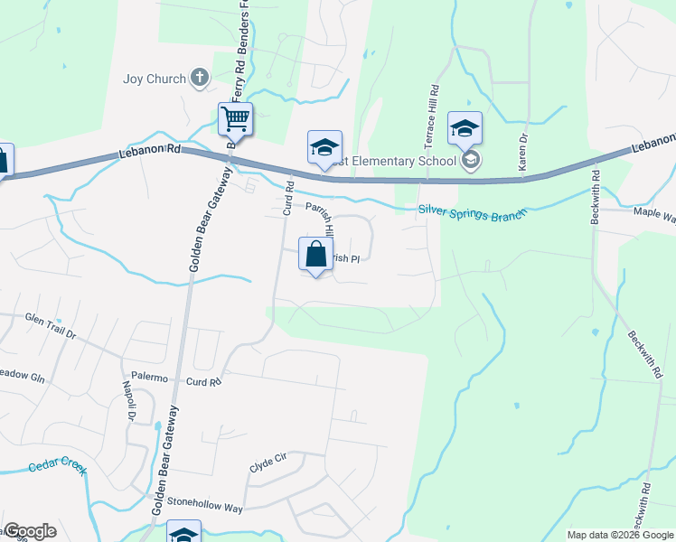map of restaurants, bars, coffee shops, grocery stores, and more near 427 Parrish Hill in Mount Juliet