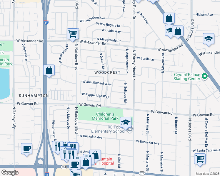 map of restaurants, bars, coffee shops, grocery stores, and more near 3704 North Broxburn Street in Las Vegas