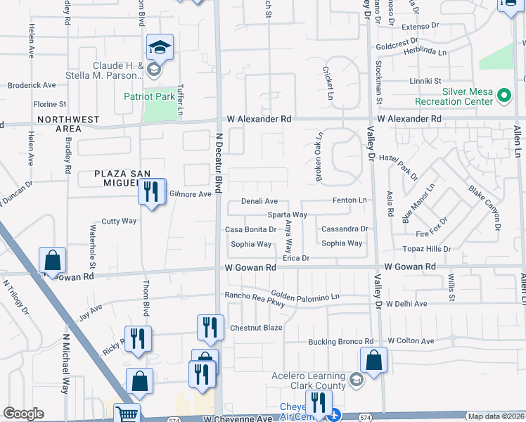 map of restaurants, bars, coffee shops, grocery stores, and more near 4608 Denali Avenue in North Las Vegas
