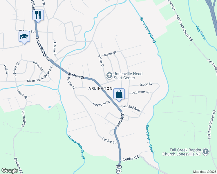 map of restaurants, bars, coffee shops, grocery stores, and more near 189-199,188-298 North Park Drive in Jonesville