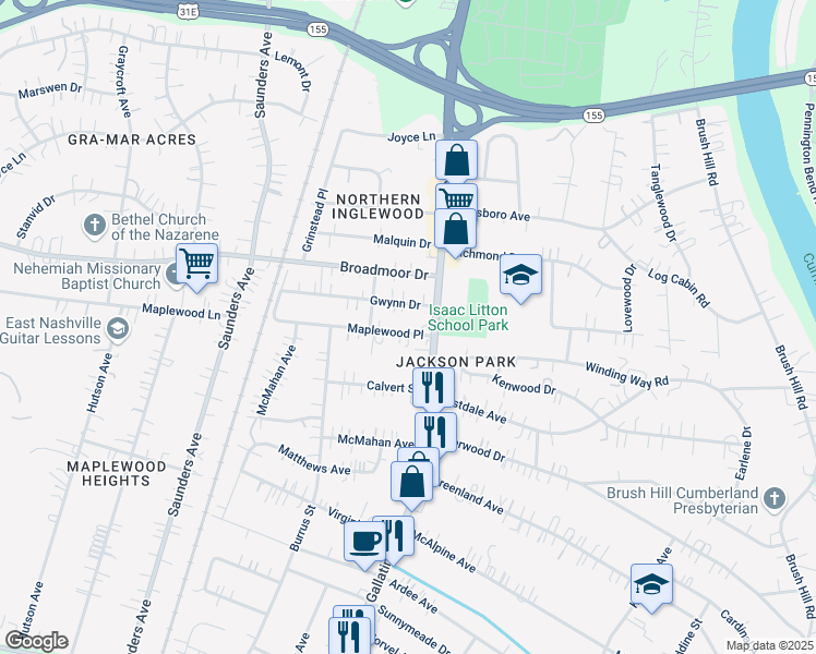 map of restaurants, bars, coffee shops, grocery stores, and more near 1050 Gwynn Drive in Nashville