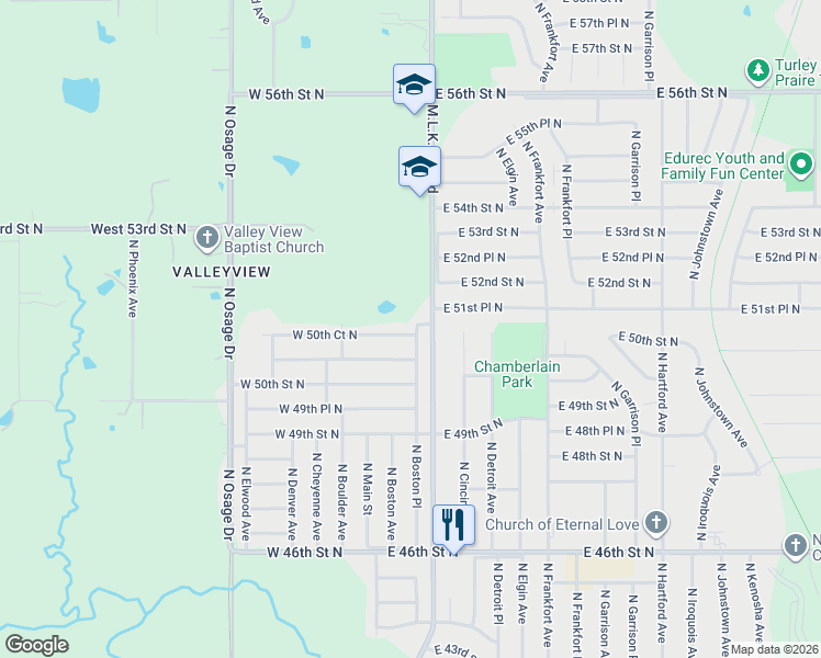 map of restaurants, bars, coffee shops, grocery stores, and more near 5051 North Boston Place in Tulsa