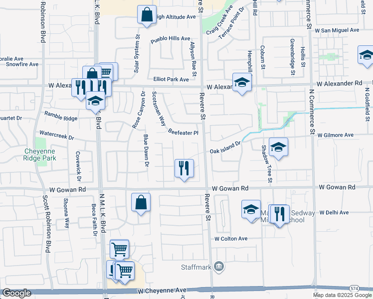 map of restaurants, bars, coffee shops, grocery stores, and more near 3728 Birchdale Court in North Las Vegas