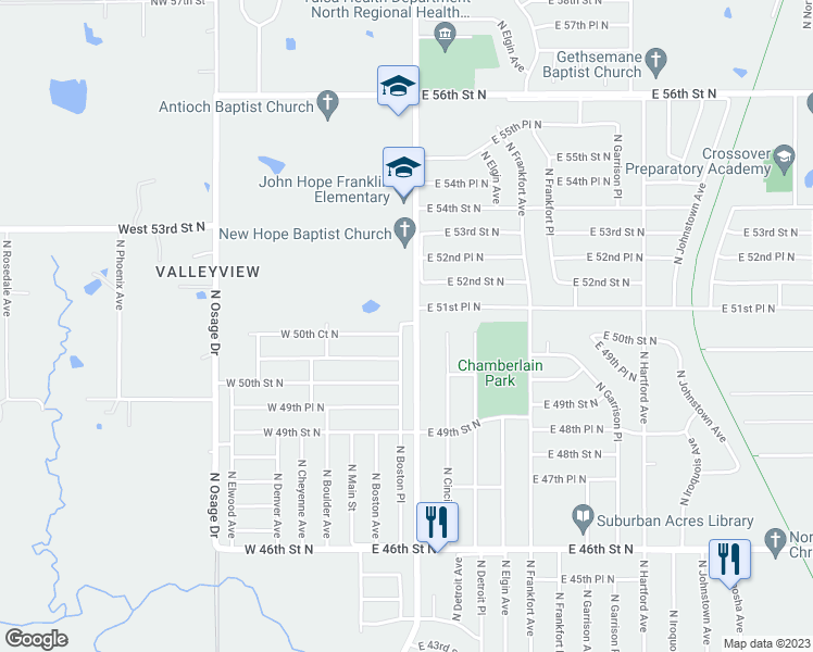 map of restaurants, bars, coffee shops, grocery stores, and more near 5051 North Boston Place in Tulsa
