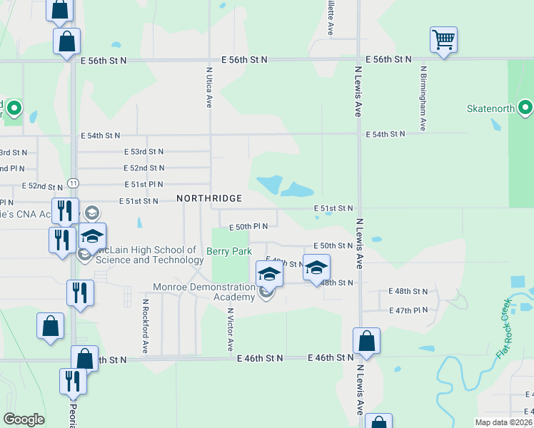 map of restaurants, bars, coffee shops, grocery stores, and more near 1774 East 51st Street North in Tulsa