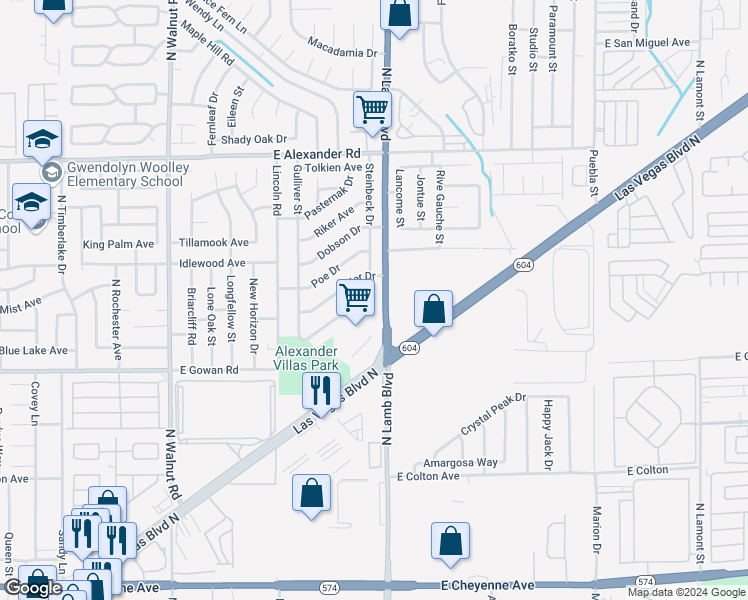 map of restaurants, bars, coffee shops, grocery stores, and more near 3736 Steinbeck Drive in Las Vegas