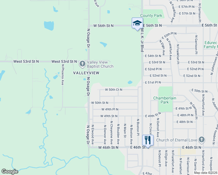 map of restaurants, bars, coffee shops, grocery stores, and more near 131 West 50th Court North in Tulsa