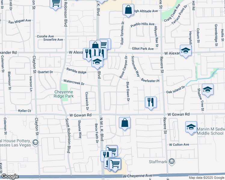 map of restaurants, bars, coffee shops, grocery stores, and more near 1320 Indian Hedge Drive in North Las Vegas