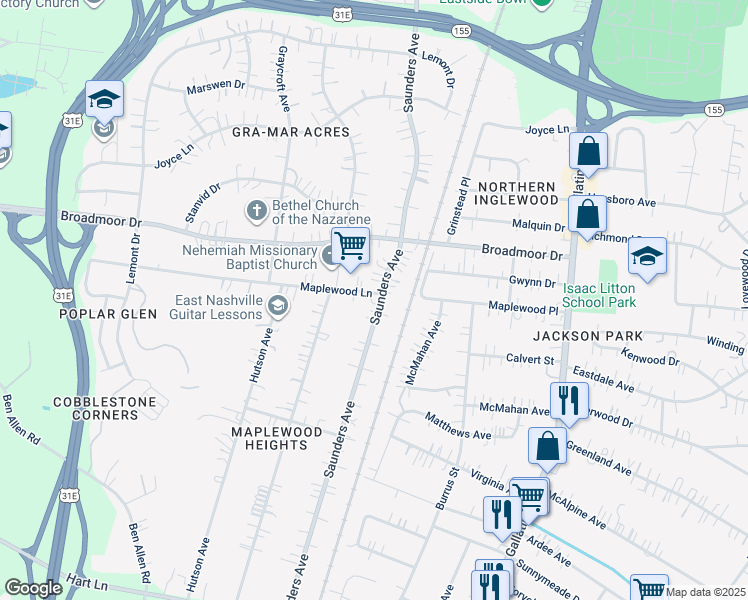 map of restaurants, bars, coffee shops, grocery stores, and more near 4300 Saunders Avenue in Nashville