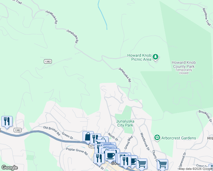 map of restaurants, bars, coffee shops, grocery stores, and more near 259 Ridge View Drive in Boone