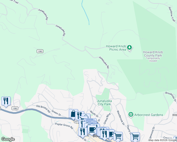 map of restaurants, bars, coffee shops, grocery stores, and more near 233 Ridge View Drive in Boone