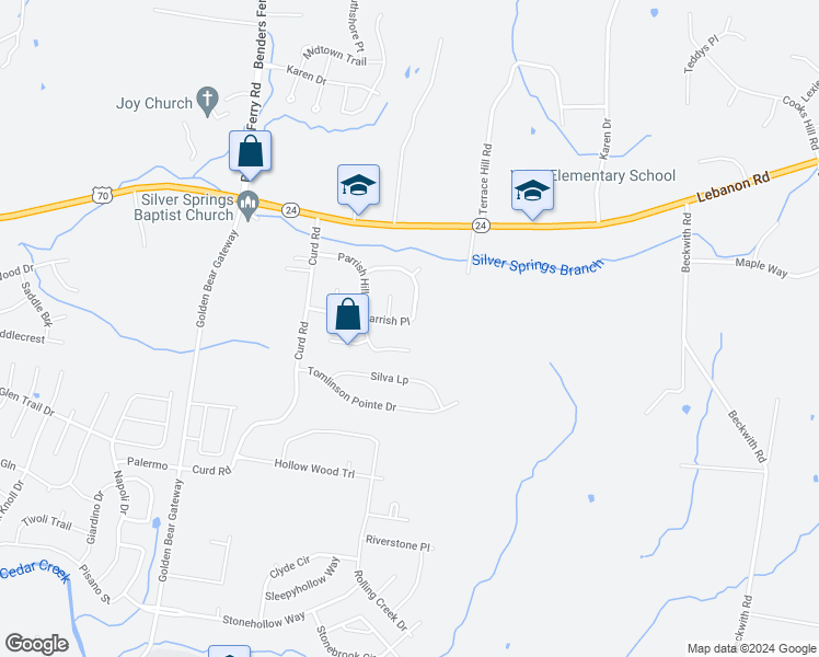 map of restaurants, bars, coffee shops, grocery stores, and more near 225 Parrish Place in Mount Juliet
